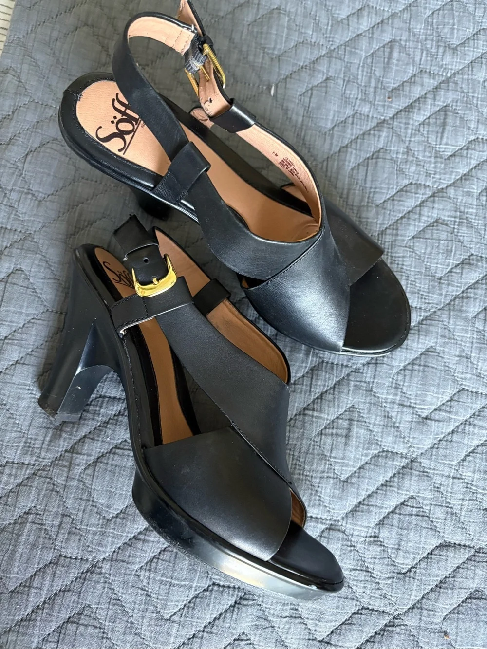 Sofft Black Leather Open-Toe Slingback Block Heels